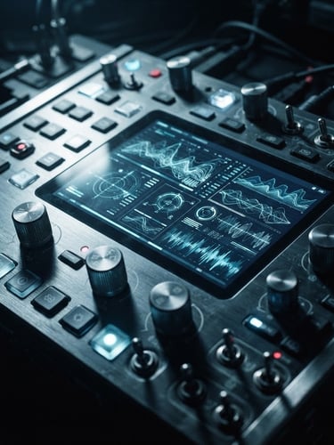 Close-up of a high-end physical tech interface displaying real-time data visualizations, sharp macro shot, dramatic directional lighting, cool desaturated tones, 35mm