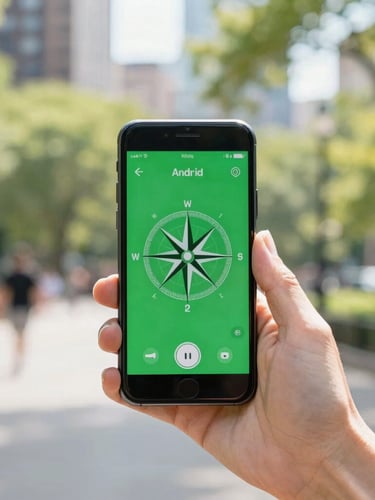 First-person perspective of a hand holding an Android phone displaying a vibrant green compass interface, blurred city park with sunlit trees in the background, bright daylight, shallow depth of field.