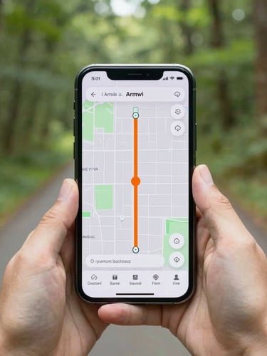 First-person perspective of a hand holding an Android phone displaying a clean map interface with a safety orange waypoint, real-world lush green forest trail softly blurred in the background, bright daylight, 35mm lens.