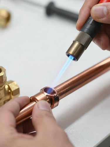 Close-up macro shot of professional hands soldering a copper pipe joint with a torch, bright blue flame, brass valves nearby, crisp utility lighting.