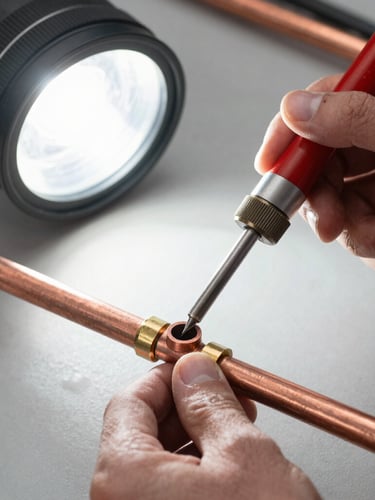 Close-up of hands soldering a copper pipe joint with a propane torch, bright work-light, high-contrast industrial tones, sharp focus, 35mm lens