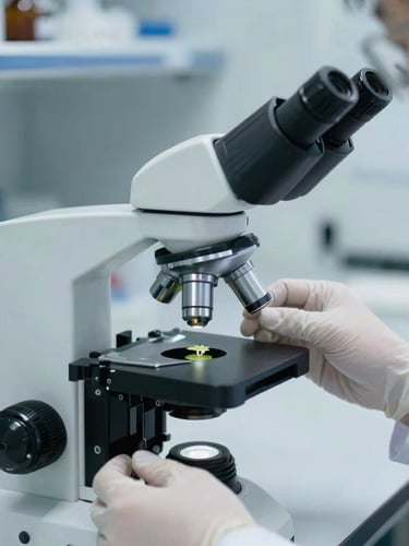 Clean laboratory setting, a researcher in a white coat analyzing plant tissue samples under a microscope, cool clinical light, high-contrast.