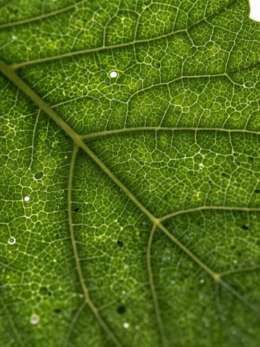 Extreme macro photography of a leaf surface, showing stomata and cellular structure, under clinical laboratory light, high-contrast, deep botanical green.