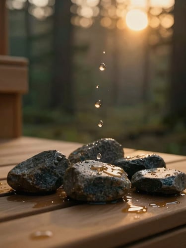 Intimate close-up of water droplets evaporating on hot sauna stones, warm glowing amber light, 35mm lens, moody atmosphere