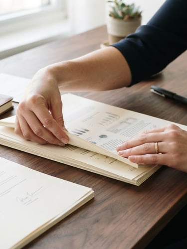 Close-up of hands meticulously organizing documents on a minimalist dark wood desk, soft natural daylight, high-quality paper, fountain pen, neutral corporate tones.