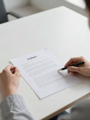 Overhead shot of a professional's hands carefully reviewing a contract on a clean, modern desk, soft daylight, high-quality document, subtle architectural background.