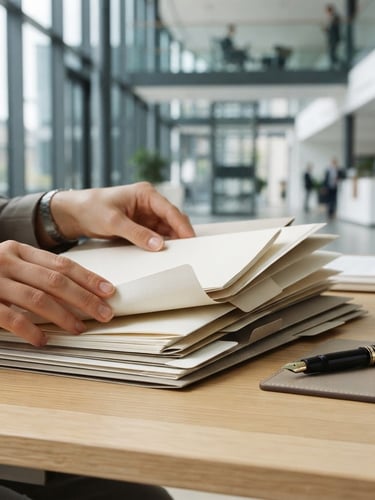 Macro close-up of hands organizing folders on a minimalist desk, high-quality paper documents, fountain pen, soft daylight, neutral corporate tones, architectural details of a modern office, 35mm.