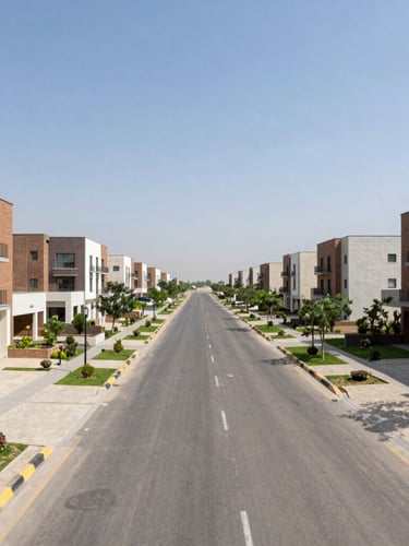 Wide-angle architectural photograph of a modern, clean residential streetscape in DHA Islamabad, showing well-maintained homes and green spaces under clear midday sun, realistic color palette, sharp focus.