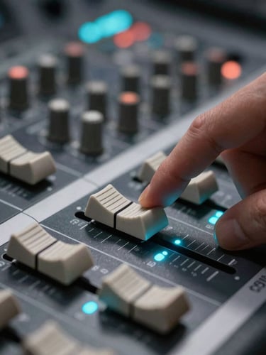 Macro close-up of a high-end sound mixing console, fingers adjusting a physical slider, glowing cyan LED level indicators, dark professional studio atmosphere