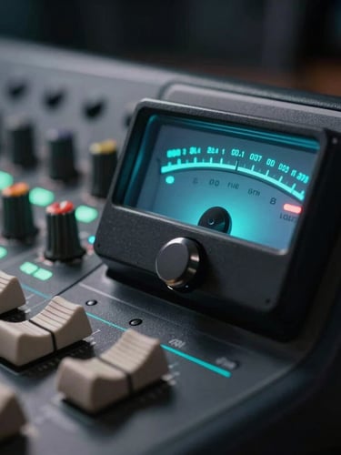 Macro close-up of a high-end studio audio mixing console with illuminated electric-cyan level meters, sharp focus on a physical dial, dark moody studio background with subtle cyan rim lighting.