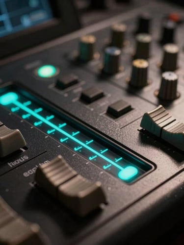 Macro close-up of a professional studio audio console, glowing electric-cyan LED volume indicators, dark brushed metal texture, low-key dramatic studio lighting, shallow depth of field.
