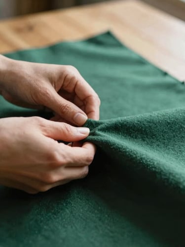 Close-up macro shot of hands carefully measuring deep forest green cotton fabric on a clean wooden table, soft warm afternoon light, shallow depth of field, tactile texture visible.