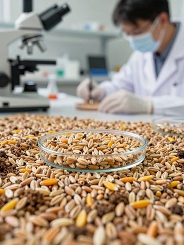 Scientist in a modern lab coat analyzing cereal grains in a petri dish under a microscope, bright, clean laboratory lighting, macro focus on the grains.