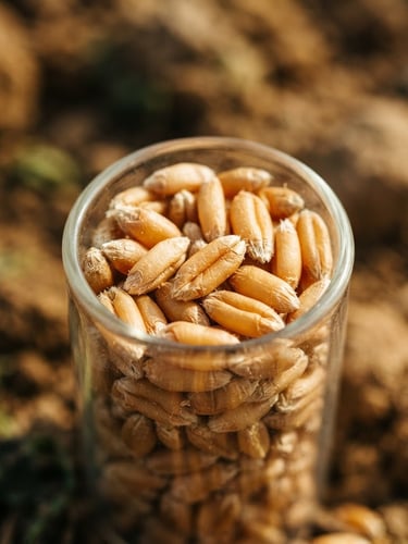 Macro shot of golden wheat grains in a testing vial, sharp focus on individual kernels, bright natural daylight, rich soil tones in background, wide-angle lens.