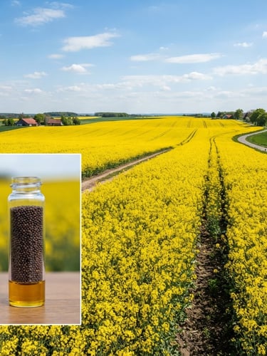 Wide panoramic view of vibrant yellow canola fields under bright daylight, with a close-up inset of harvested canola seeds in a testing vial, showing oil content analysis.