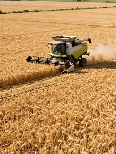 Wide-angle editorial shot of a modern high-capacity combine harvester working a vast, neatly patterned golden wheat field under bright morning daylight, rich soil tones