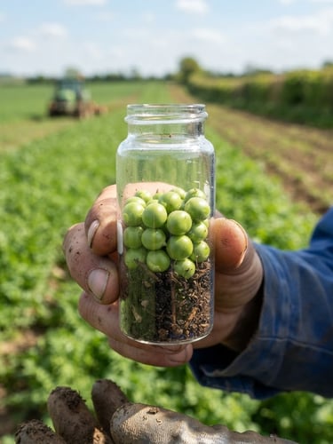 Macro close-up of vibrant green peas in a testing vial, sharp focus, bright natural daylight, rich soil tones, wide-angle lens, against a blurred background of expansive fields.
