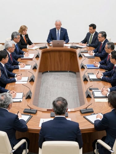 Wide environmental shot of a bilateral trade summit, professional delegates in navy suits seated at a structured mahogany conference table, bright daylight.