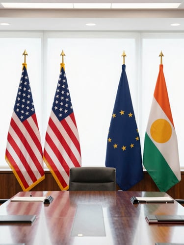 A formal bilateral summit room with US and Ivorian flags, polished mahogany table, bright daylight, editorial corporate photography