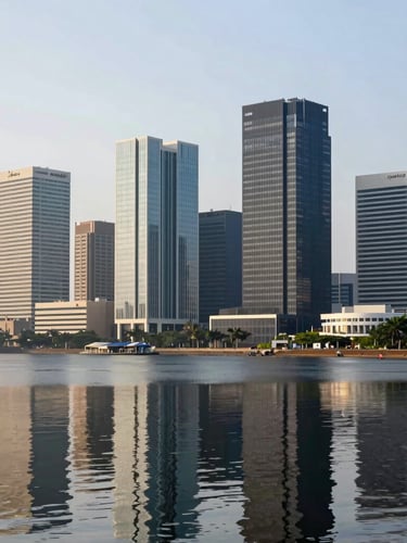 Architectural shot of modern Abidjan skyline reflecting in the Ebrié Lagoon, clean morning daylight, sharp lines.