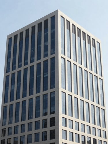 Modern office tower architecture in Abidjan, clean lines, bright daylight, professional corporate photography, 35mm lens
