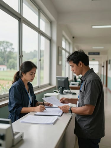 Wide environmental shot inside a rural clinic hallway, an interpreter standing at a reception window reviewing printed documents, natural overcast window light falling across the workspace, institutional walls and corridor visible in background