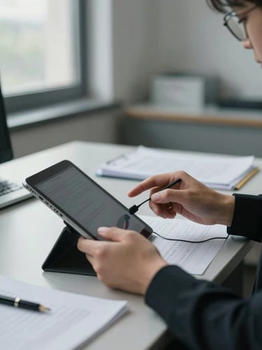 Close-up of hands managing a tablet and earpiece on a desk in a municipal office, documents spread nearby, diffuse overcast daylight from a window to the left, no faces visible, quiet institutional setting