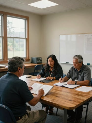 Wide shot of a tribal community room in the Pacific Northwest, interpreter and two officials seated at a wooden table reviewing binders, natural light from high windows, spare institutional interior, documents and a whiteboard visible in background