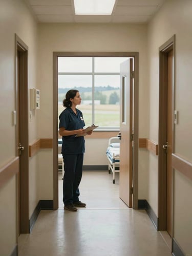 Environmental wide shot of a clinic corridor in rural Oregon, interpreter standing beside a patient room doorway holding a clipboard, soft overcast daylight through a large window at the far end, neutral institutional walls, no posed interaction