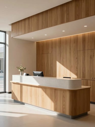 Bright, natural daylight illuminating a modern, minimalist clinic reception with warm wood paneling and clean architectural lines, editorial style.