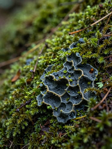 Crisp macro photograph of complex organic moss patterns under soft natural light, showcasing intricate ecosystem details in deep forest green and slate tones, editorial style.