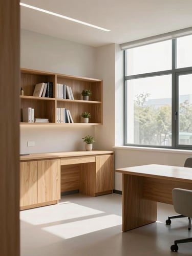 Crisp architectural shot of a modern, clean clinical consultation room with natural light, high-end oak furniture, and a minimalist academic aesthetic.