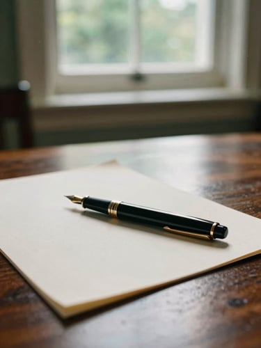 Soft natural window light illuminating a classic mahogany library table, a fountain pen resting on heavy cream paper, shallow depth of field, 35mm film feel.
