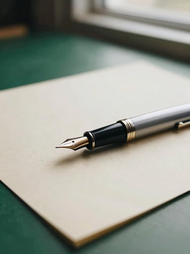 Close-up of a classic fountain pen resting on heavy cream paper, soft natural window light, deep forest green desk background, shallow depth of field