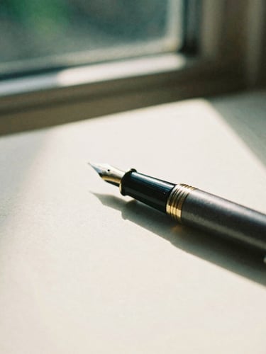 A close-up of a classic fountain pen resting on heavy cream paper, warm natural window light, soft shadows, shallow depth of field, 35mm film feel.