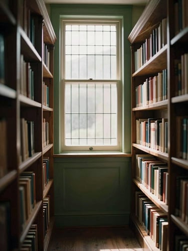 A quiet library interior with mature oak bookshelves, soft warm sunlight filtering through a leaded glass window, shallow depth of field, 35mm film feel.