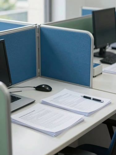 Bright editorial photography of a modern Indian workspace, neat desk with documents, natural daylight, professional tone, 35mm