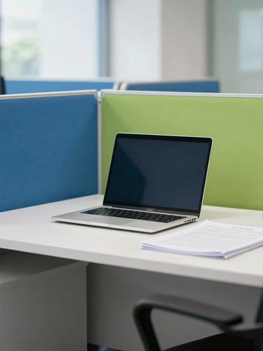 Bright editorial photography of a modern Indian office workspace, bright natural daylight, clean corporate blue and green tones, a neat desk with a laptop and documents, sharp focus, 35mm