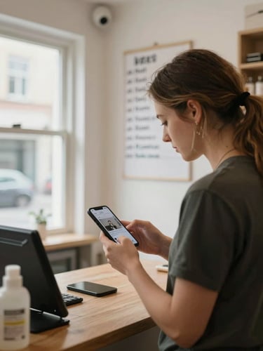 Wide shot of a small retail shop interior at 8am—owner behind the counter reviewing a phone showing a social post, natural window light, a handwritten price list visible on the wall behind, slight motion blur on the owner's hands