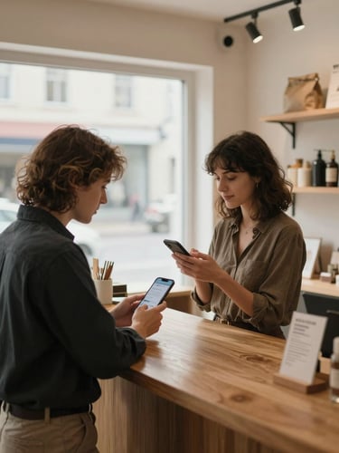 Wide shot of a small retail shop interior at morning open, owner at the counter reviewing a phone screen showing a social media post, natural window light, warm wood surfaces visible, no posed smile