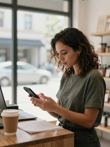 Small business owner at a retail counter reviewing her phone, natural daylight from a storefront window, a coffee cup and handwritten notes nearby, candid and mid-task