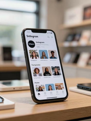 Tight shot of a smartphone propped on a retail counter showing an Instagram profile grid, storefront products blurred softly in the background, daylight from a nearby window, no people