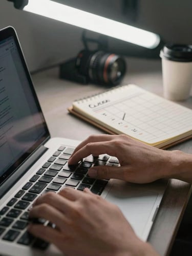 Close-up of hands typing on a laptop keyboard in a small office, a notepad with a hand-written content calendar beside the keyboard, overhead fluorescent light, coffee cup at the edge of frame