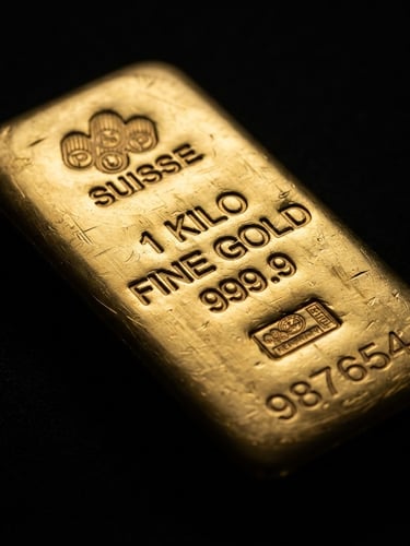 Macro close-up of a pure gold bullion bar showing certified stamps, dramatic low-key lighting, single-source directional light, sharp metallic reflections against a deep obsidian black background, 85mm lens