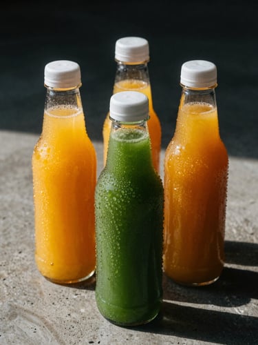A portrait shot of three condensation-beaded juice bottles on a raw concrete surface, sharp key light highlighting vibrant orange and deep green liquids, dramatic shadows, athletic aesthetic.