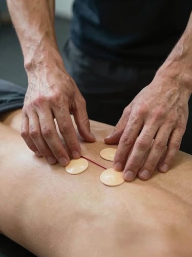Close-up of a physiotherapist's hands placing anatomical markers on an athlete's lower back during a mobility assessment, sharp focus, dark background.