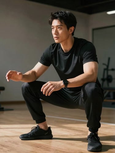 A professional physiotherapist in black athletic wear explaining a movement pattern on the gym floor, focused expression, dramatic side lighting