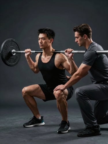 Low-key dramatic lighting on a client performing a controlled barbell squat, a physiotherapist in charcoal uniform guiding knee alignment, dark slate background.