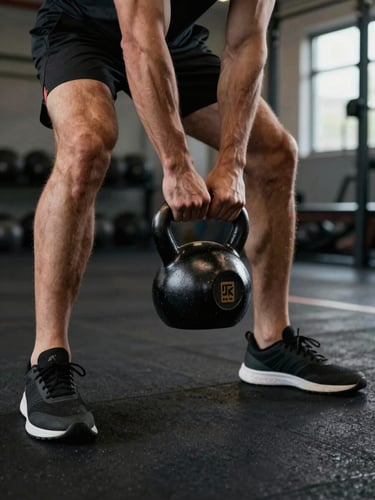 Controlled athletic movement on the gym floor, a client lifting a kettlebell under low-key dramatic lighting with sharp key lights highlighting muscle definition.