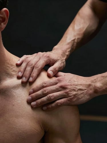 Dramatic low-key lighting on a physiotherapist's hands applying precise manual therapy to an athlete's shoulder, dark background, sharp key lights highlighting muscle definition and clinical focus.
